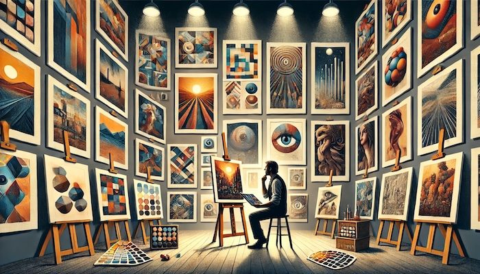 a man sitting in a room with many paintings