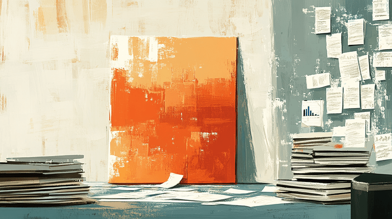 a painting of an orange square next to a stack of papers where an art consultant evaluates cost savings.