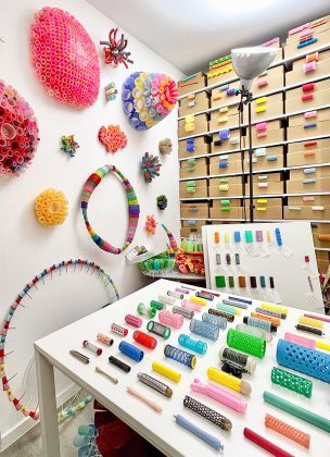 a room with many different colored objects on the wall