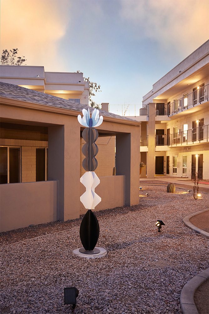 Modern sculpture in courtyard setting
