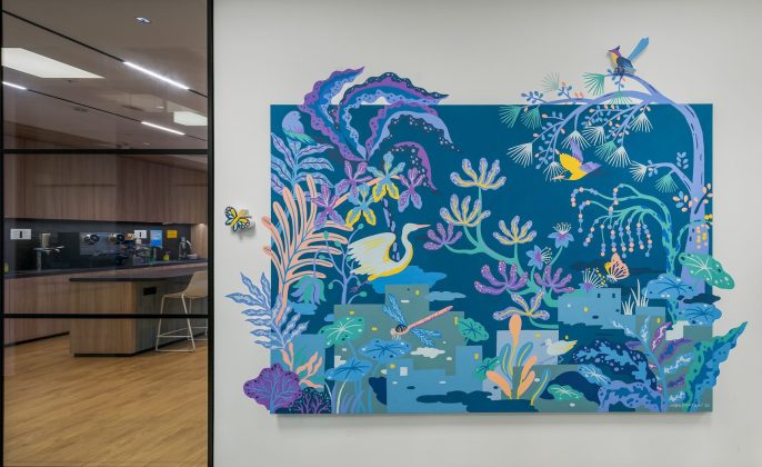 Colorful mural with tropical plants and animals