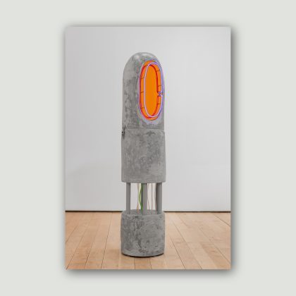 Esther Ruiz’s COMMU-2 (Guidepost), a freestanding cement sculpture with a blue and pink neon oval, orange acrylic mirror, and exposed wiring.
