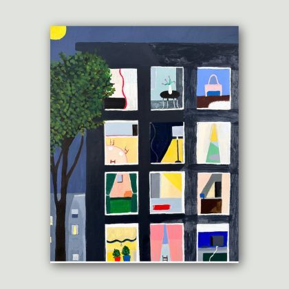 Polly Shindler, Full Moon Apartments, 2024, Oil and acrylic on canvas, 20” x 24”