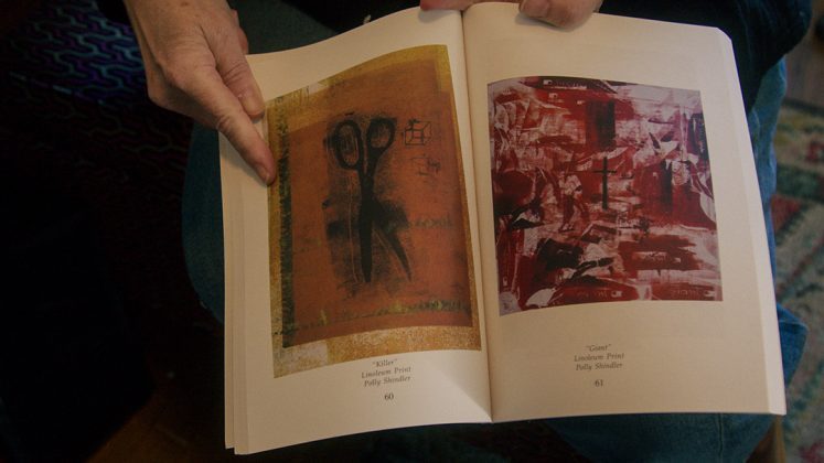 Two of Polly’s linoleum prints in The Watermark, UMass Boston, 2000